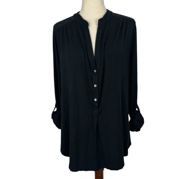 Amour Vert Black Popover Tunic Top XL Roll Tab Sleeve Sustainable Made in USA - Picture 1 of 8